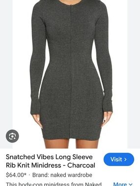 Naked Wardrobe Snatched Vibes Long Sleeve Rib Knit Minidress In Charcoal